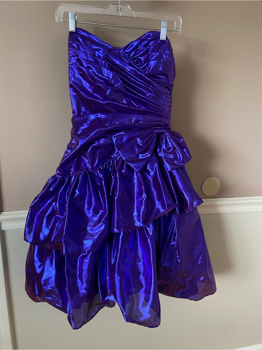 Gunne Sax Shimmery Royal Purple Strapless Ruffle Dress